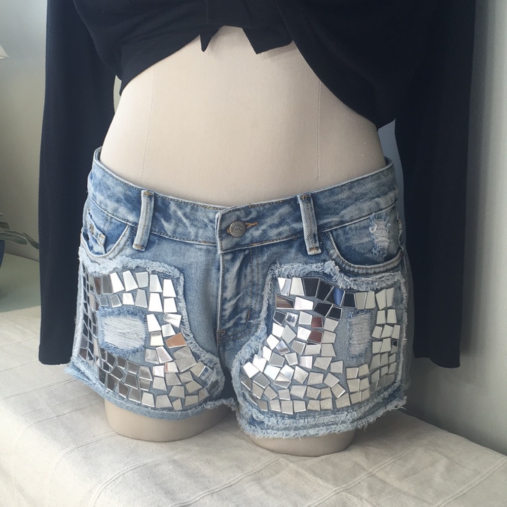 DENIM Mirrored SHORT SHORTS BLING  NWT Distressed Low rise by Sparkle